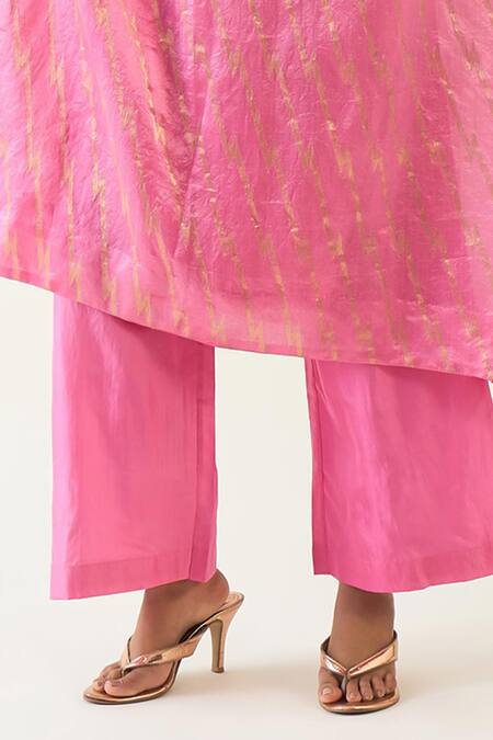 Shop_Shivani Bhargava_Pink Silk Embroidery, Zari Damani Asymmetric Kurta With Pant _Online_at_Aza_Fashions
