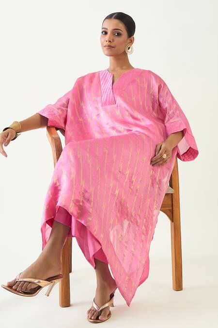 Buy_Shivani Bhargava_Pink Silk Embroidery, Zari Damani Asymmetric Kurta With Pant 