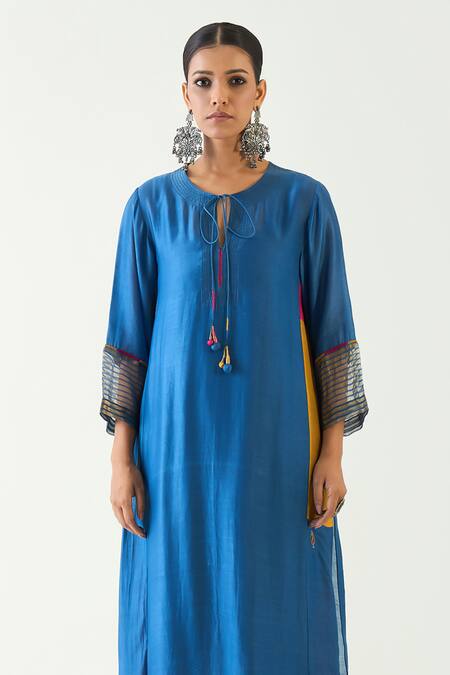 Shivani Bhargava Blue Cotton Silk Hand Embroidered Thread Keyhole Leela Kurta Online at Aza Fashions Shivani Bhargava_Blue Cotton Silk Hand Embroidered Thread Keyhole Leela Kurta _Online_at_Aza_Fashions