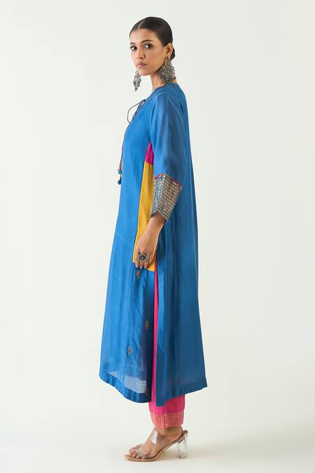 Buy Shivani Bhargava Blue Cotton Silk Hand Embroidered Thread Keyhole Leela Kurta Online at Aza Fashions Buy_Shivani Bhargava_Blue Cotton Silk Hand Embroidered Thread Keyhole Leela Kurta _Online_at_Aza_Fashions