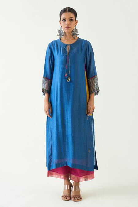 Buy Shivani Bhargava Blue Organza, Cotton, Silk Embroidery, Zari Keyhole Neck Leela Hand Kurta Set Online at Aza Fashions Buy_Shivani Bhargava_Blue Organza, Cotton, Silk Embroidery, Zari Keyhole Neck Leela Hand Kurta Set _Online_at_Aza_Fashions