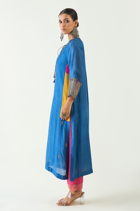 Shop Shivani Bhargava Blue Organza, Cotton, Silk Embroidery, Zari Keyhole Neck Leela Hand Kurta Set Online at Aza Fashions Shop_Shivani Bhargava_Blue Organza, Cotton, Silk Embroidery, Zari Keyhole Neck Leela Hand Kurta Set _Online_at_Aza_Fashions