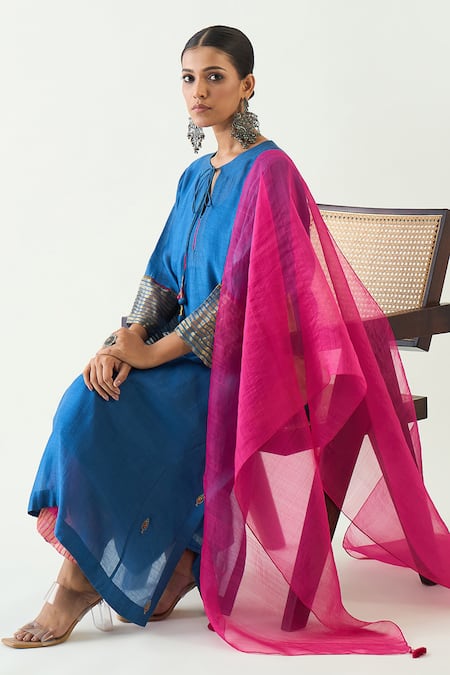 Shivani Bhargava Blue Organza, Cotton, Silk Embroidery, Zari Keyhole Neck Leela Hand Kurta Set at Aza Fashions Shivani Bhargava_Blue Organza, Cotton, Silk Embroidery, Zari Keyhole Neck Leela Hand Kurta Set _at_Aza_Fashions
