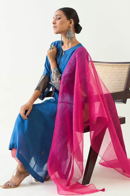 Buy Shivani Bhargava Blue Organza, Cotton, Silk Embroidery, Zari Keyhole Neck Leela Hand Kurta Set Buy_Shivani Bhargava_Blue Organza, Cotton, Silk Embroidery, Zari Keyhole Neck Leela Hand Kurta Set