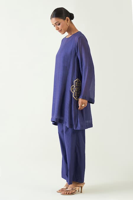 Buy_Shivani Bhargava_Purple Cotton, Silk Cut Work, Embroidery Round Neck Siya Hand Kurta With Pant _Online_at_Aza_Fashions