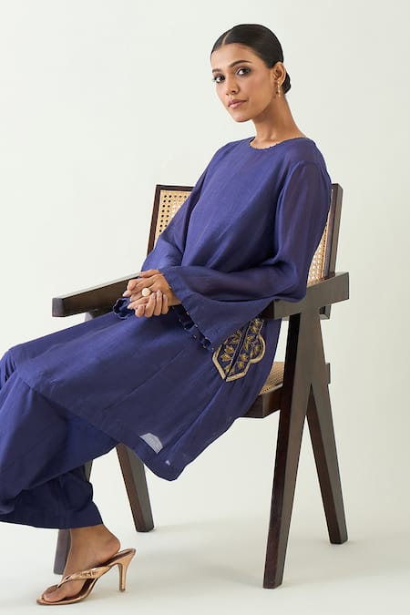Shop_Shivani Bhargava_Purple Cotton, Silk Cut Work, Embroidery Round Neck Siya Hand Kurta With Pant _Online_at_Aza_Fashions