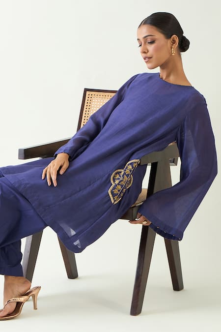 Shivani Bhargava_Purple Cotton, Silk Cut Work, Embroidery Round Neck Siya Hand Kurta With Pant _at_Aza_Fashions