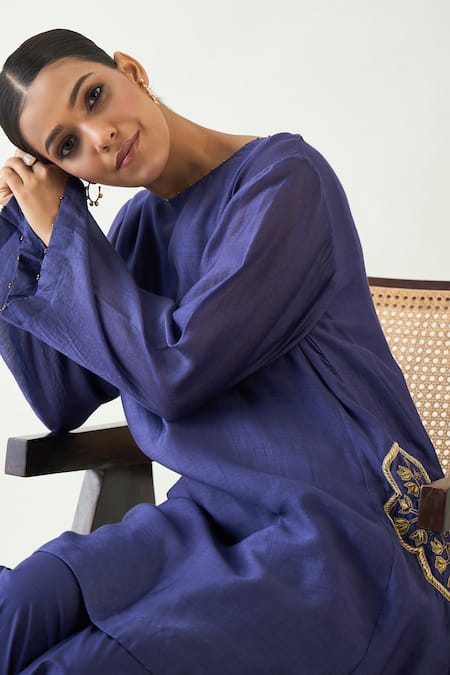 Buy_Shivani Bhargava_Purple Cotton, Silk Cut Work, Embroidery Round Neck Siya Hand Kurta With Pant 