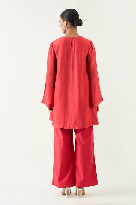 Shop Shivani Bhargava Red Cotton, Silk Embroidery Round Neck Siya Dabka Hand With Pant at Aza Fashions Shop_Shivani Bhargava_Red Cotton, Silk Embroidery Round Neck Siya Dabka Hand With Pant _at_Aza_Fashions