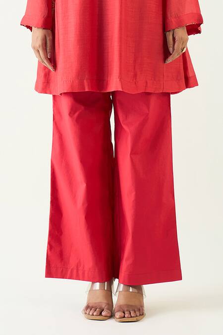 Shivani Bhargava Red Cotton, Silk Embroidery Round Neck Siya Dabka Hand With Pant Online at Aza Fashions Shivani Bhargava_Red Cotton, Silk Embroidery Round Neck Siya Dabka Hand With Pant _Online_at_Aza_Fashions