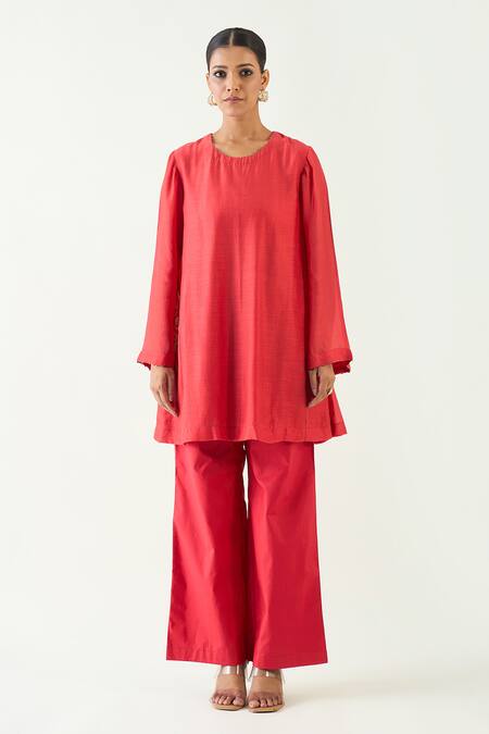 Buy Shivani Bhargava Red Cotton, Silk Embroidery Round Neck Siya Dabka Hand With Pant Online at Aza Fashions Buy_Shivani Bhargava_Red Cotton, Silk Embroidery Round Neck Siya Dabka Hand With Pant _Online_at_Aza_Fashions