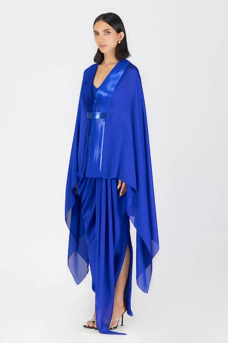 Amit Aggarwal_Blue Metallic Draped Cape With Belt _Online_at_Aza_Fashions