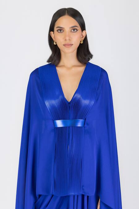 Buy_Amit Aggarwal_Blue Metallic Draped Cape With Belt _Online_at_Aza_Fashions