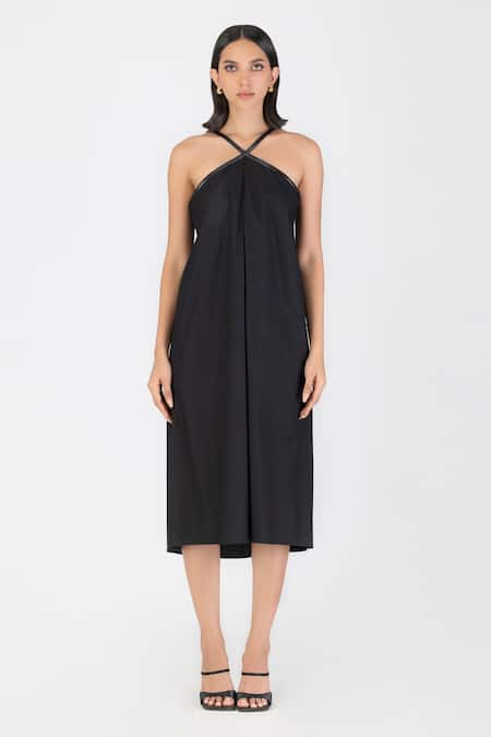 Amit Aggarwal Black Poplin Embroidery Cord Halter Neck Border Dress 