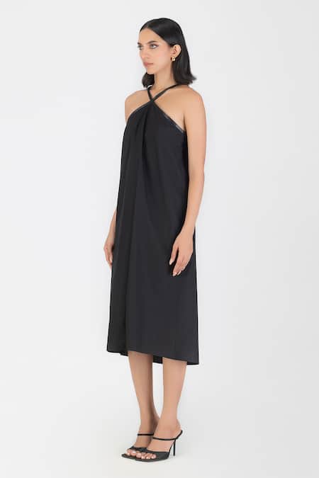 Amit Aggarwal Black Poplin Embroidery Halter Neck Cord Dress Online at Aza Fashions Amit Aggarwal_Black Poplin Embroidery Halter Neck Cord Dress _Online_at_Aza_Fashions