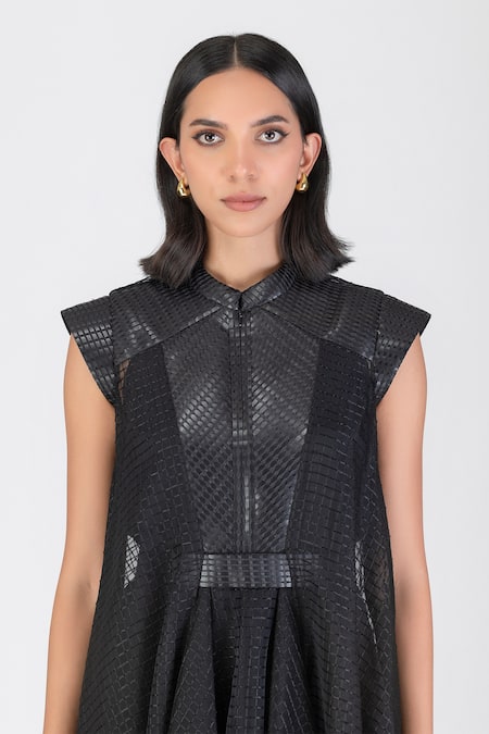 Amit Aggarwal Black Chiffon Mandarin Collar Sheer Checkered Woven Dress Online at Aza Fashions Amit Aggarwal_Black Chiffon Mandarin Collar Sheer Checkered Woven Dress _Online_at_Aza_Fashions