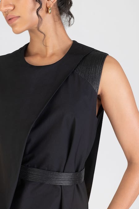 Buy_Amit Aggarwal_Black Cotton Round Neck Pleated Designer Top _Online_at_Aza_Fashions