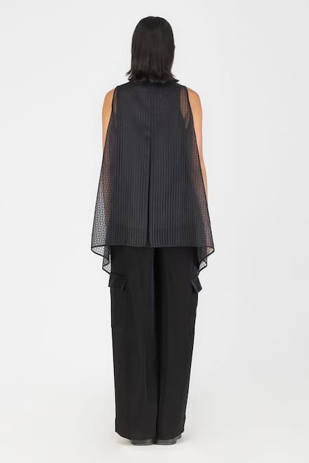 Shop_Amit Aggarwal_Black Sheer Check Woven Round Sleeveless Top _at_Aza_Fashions
