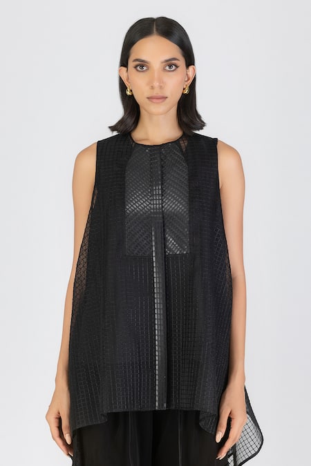 Amit Aggarwal_Black Sheer Check Woven Round Sleeveless Top _Online_at_Aza_Fashions