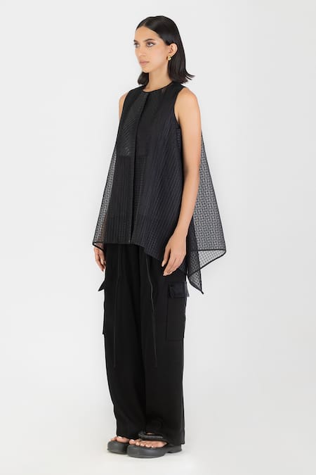 Buy_Amit Aggarwal_Black Sheer Check Woven Round Sleeveless Top _Online_at_Aza_Fashions