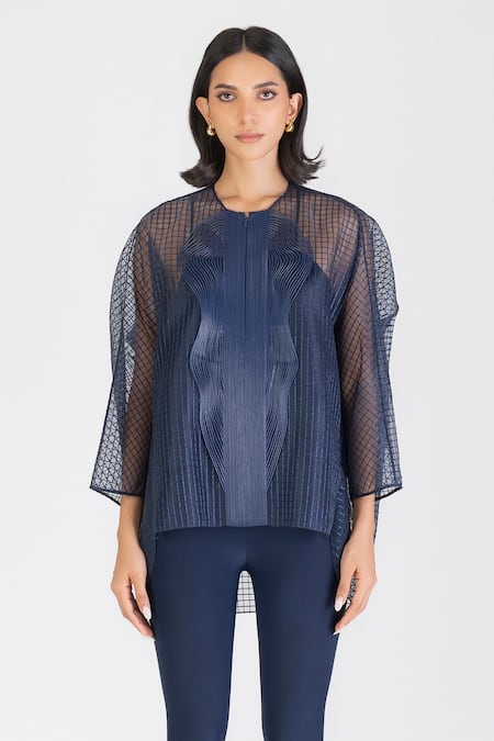 Amit Aggarwal_Blue Cotton Embroidery Round Neck Checkered Cord Top _Online_at_Aza_Fashions