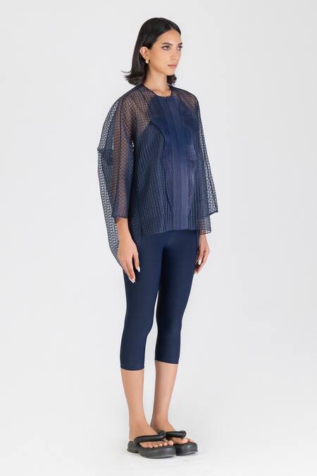 Buy_Amit Aggarwal_Blue Cotton Embroidery Round Neck Checkered Cord Top _Online_at_Aza_Fashions