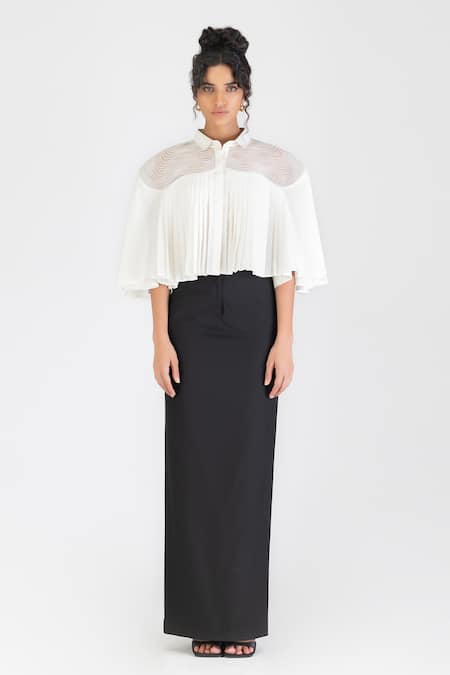 Amit Aggarwal White Poplin Embroidery Cord Collar Yoke Gathered Shirt 