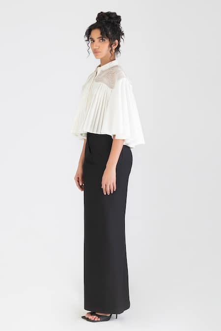 Amit Aggarwal_White Cotton, Poplin Embroidery Collared Cropped Cord Gathered Shirt _Online_at_Aza_Fashions