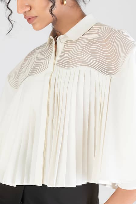 Buy_Amit Aggarwal_White Cotton, Poplin Embroidery Collared Cropped Cord Gathered Shirt _Online_at_Aza_Fashions