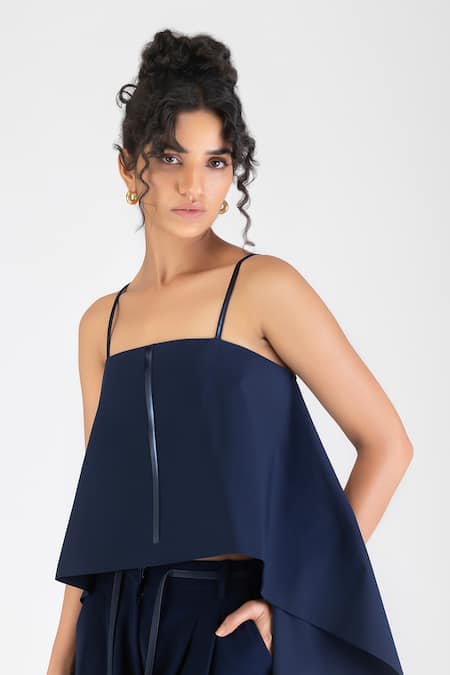 Amit Aggarwal Blue Poplin Square Neck Pleated Bustier Online at Aza Fashions Amit Aggarwal_Blue Poplin Square Neck Pleated Bustier _Online_at_Aza_Fashions