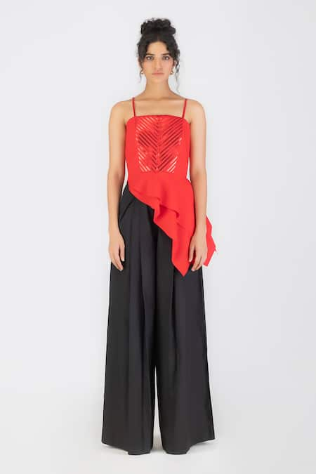 Amit Aggarwal Red Poplin Embroidery Stitchline Thread Square Neck Metallic Corset Top 