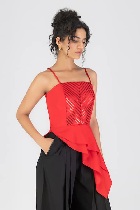 Amit Aggarwal_Red Poplin Embroidery Square Neck Metallic Stitchline Thread Top _Online_at_Aza_Fashions