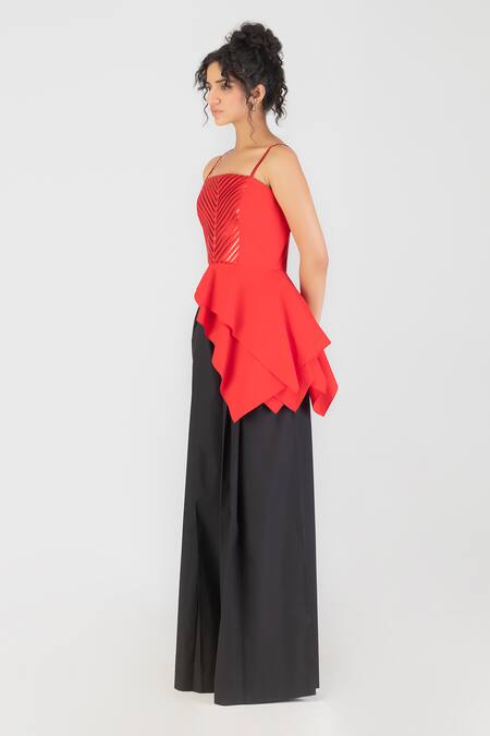 Buy_Amit Aggarwal_Red Poplin Embroidery Square Neck Metallic Stitchline Thread Top _Online_at_Aza_Fashions