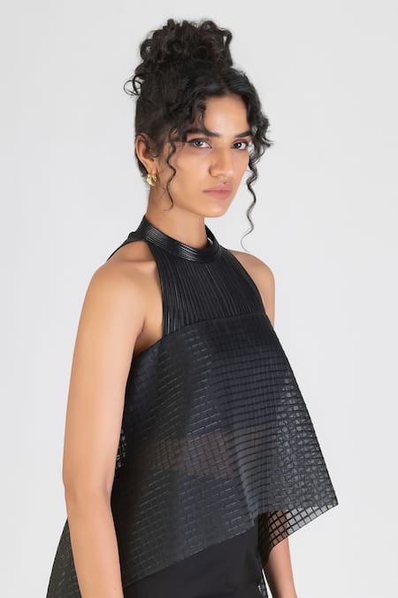 Amit Aggarwal_Black Embroidery Halter Neck Checkered Top _Online_at_Aza_Fashions