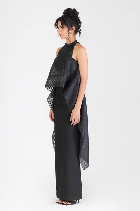 Buy_Amit Aggarwal_Black Embroidery Halter Neck Checkered Top _Online_at_Aza_Fashions