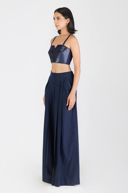 Amit Aggarwal_Blue Poplin Asymmetric Checkered Woven Bustier _Online_at_Aza_Fashions