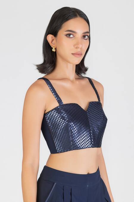 Buy_Amit Aggarwal_Blue Poplin Asymmetric Checkered Woven Bustier _Online_at_Aza_Fashions