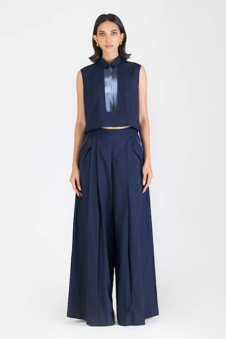 Amit Aggarwal Blue Poplin Embellishment Tape Collar Metallic Placket Cropped Shirt 