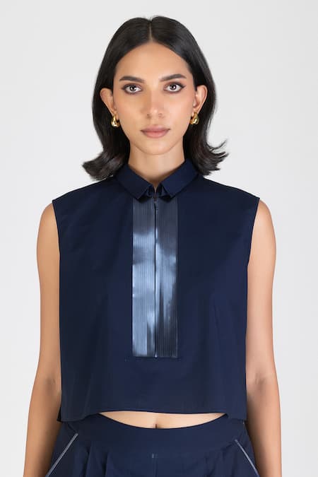 Amit Aggarwal Blue Poplin Collared Cropped Shirt With Metallic Tape Embellishment Online at Aza Fashions Amit Aggarwal_Blue Poplin Collared Cropped Shirt With Metallic Tape Embellishment _Online_at_Aza_Fashions