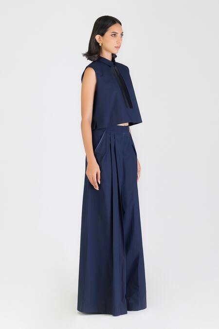 Buy Amit Aggarwal Blue Poplin Collared Cropped Shirt With Metallic Tape Embellishment Online at Aza Fashions Buy_Amit Aggarwal_Blue Poplin Collared Cropped Shirt With Metallic Tape Embellishment _Online_at_Aza_Fashions