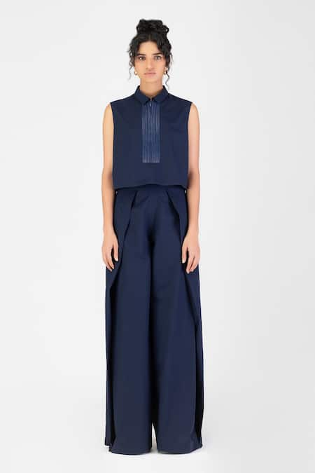 Amit Aggarwal Blue Poplin Embroidery Cord Collar Yoke Cropped Shirt 