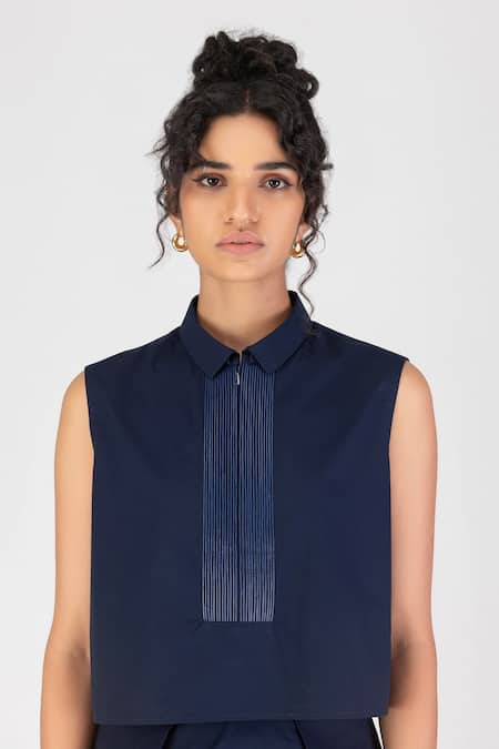 Amit Aggarwal Blue Poplin Embroidery Collared Cord Cropped Shirt Online at Aza Fashions Amit Aggarwal_Blue Poplin Embroidery Collared Cord Cropped Shirt _Online_at_Aza_Fashions
