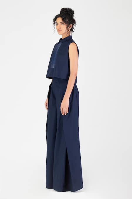 Buy Amit Aggarwal Blue Poplin Embroidery Collared Cord Cropped Shirt Online at Aza Fashions Buy_Amit Aggarwal_Blue Poplin Embroidery Collared Cord Cropped Shirt _Online_at_Aza_Fashions