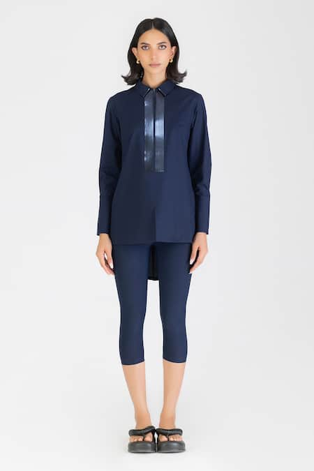 Amit Aggarwal Blue Poplin Embellishment Tape Collar Metallic Shirt 