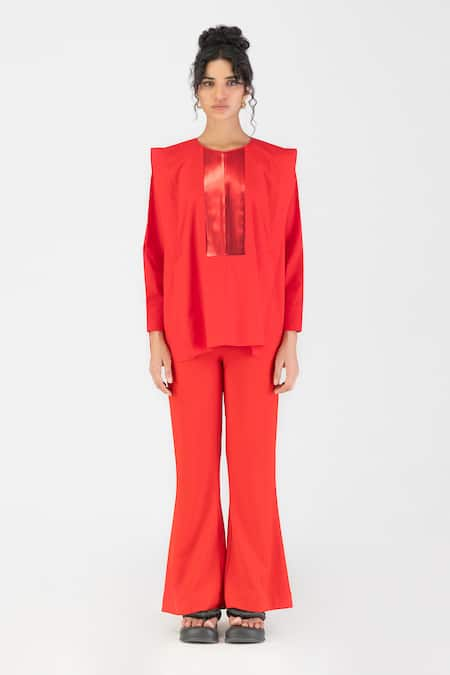 Amit Aggarwal Red Poplin Embellishment Tape Collar Metallic Shirt 