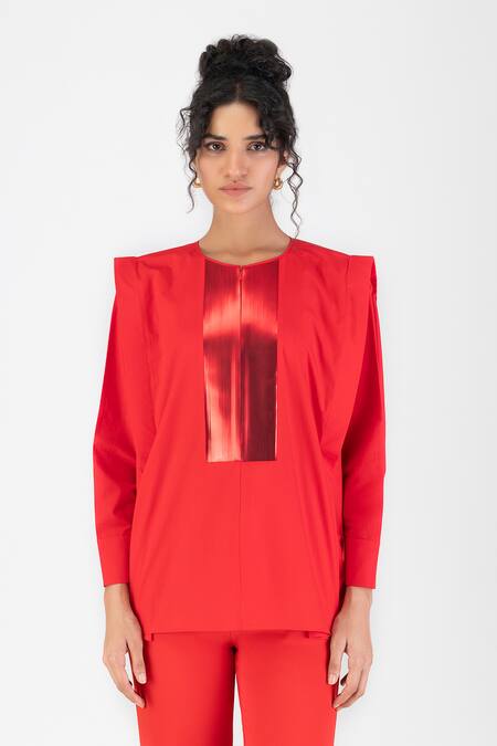 Amit Aggarwal Red Poplin Metallic Thread Collared Tape Embellished Shirt Online at Aza Fashions Amit Aggarwal_Red Poplin Metallic Thread Collared Tape Embellished Shirt _Online_at_Aza_Fashions