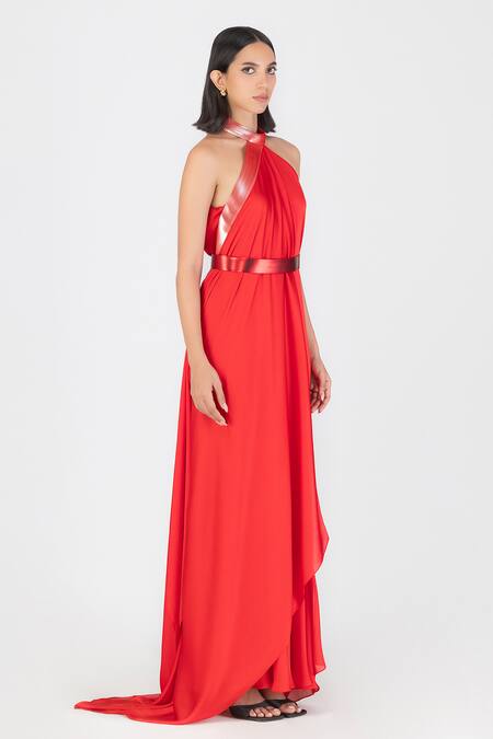 Amit Aggarwal_Red Satin, Chiffon Halter Neck Metallic Pleated Maxi Dress _Online_at_Aza_Fashions