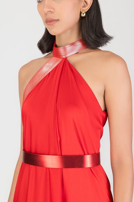Buy_Amit Aggarwal_Red Satin, Chiffon Halter Neck Metallic Pleated Maxi Dress _Online_at_Aza_Fashions