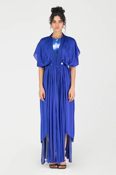 Amit Aggarwal Blue Satin Chiffon Plain Round Metallic Pleated Layered Dress 