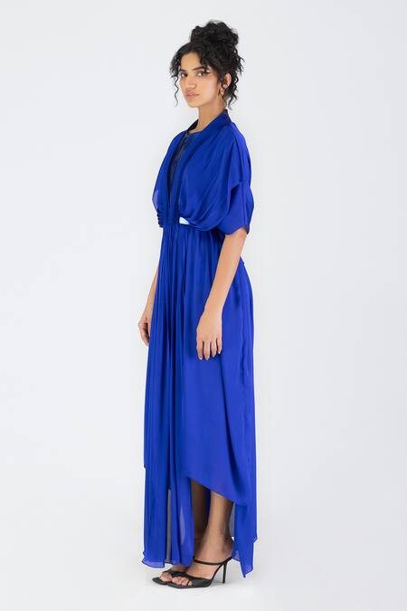 Amit Aggarwal_Blue Satin, Chiffon Round Neck Layered Metallic Pleated Maxi Dress _Online_at_Aza_Fashions